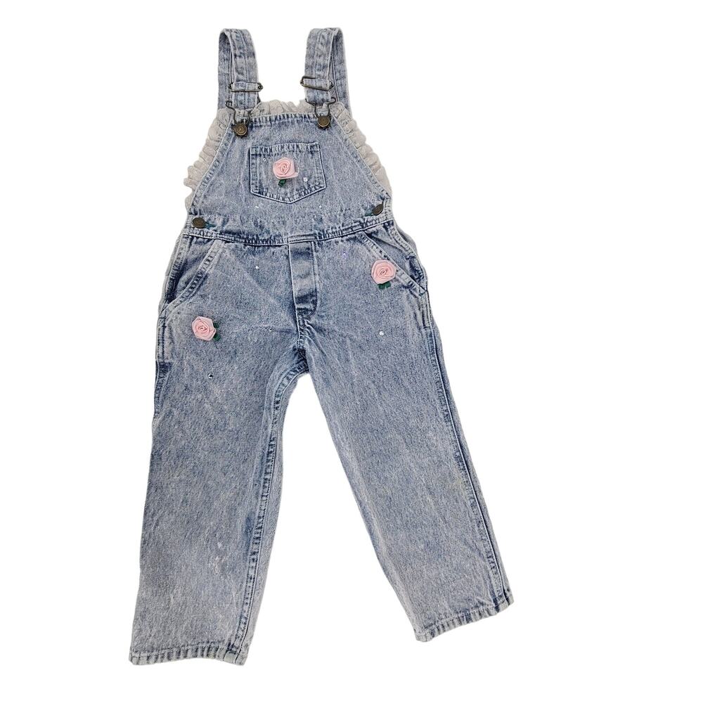 Vintage 80s NEIMAN MARCUS Girl's Acid Wash Lace Denim Jean Overalls 4T RARE 2929